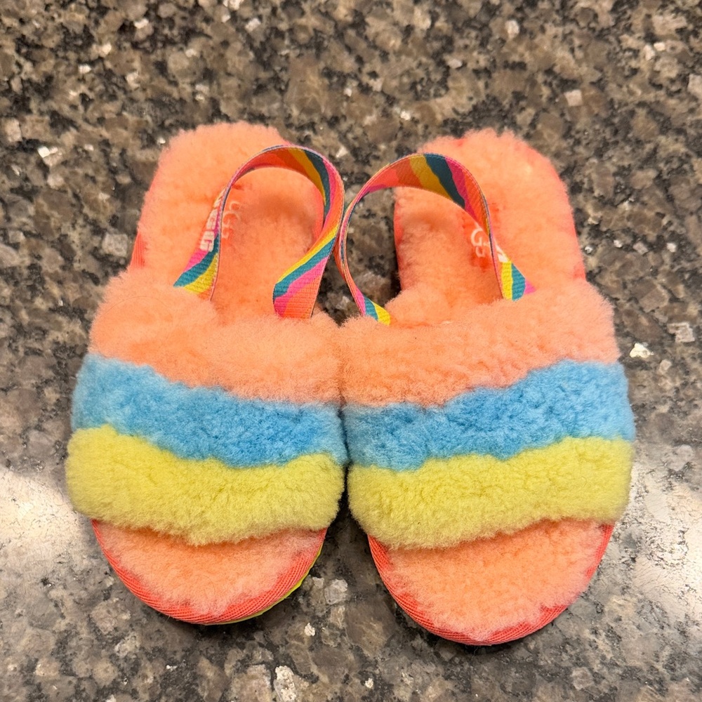 UGG Kids Slippers in peach, Blue, and neon Yellow